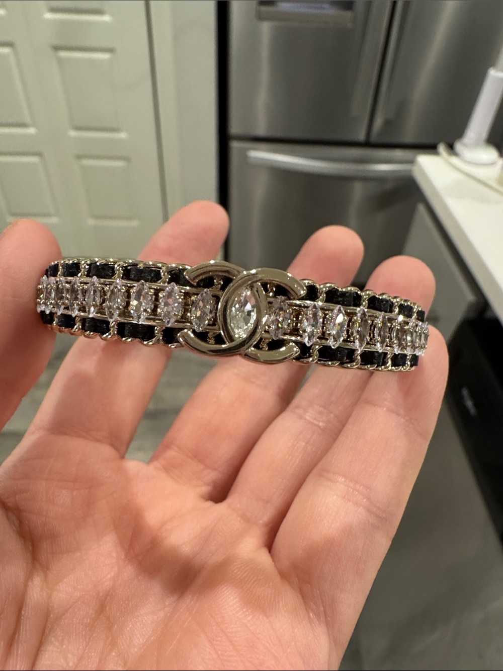 CC Style Black Leather & Marquise Crystal Cuff Bangle – Beige Gold Tone